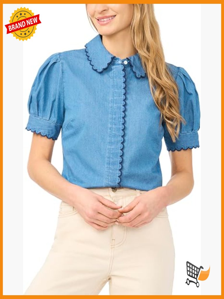 Short Sleeve Scallop Trim Button Up Blouse In Light Indigo